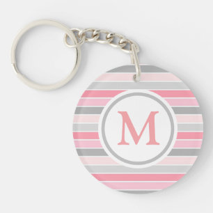 Pink and Grey Striped Monogram Keychain