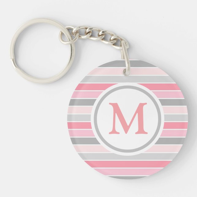 Pink and Grey Striped Monogram Keychain (Front)
