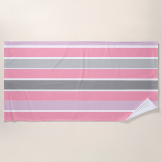 Pink and Grey Stripes Beach Towel (Front)