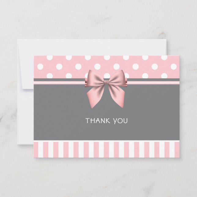 Pink and Grey Stripes Bow Bridal Shower Thank You Card (Front)