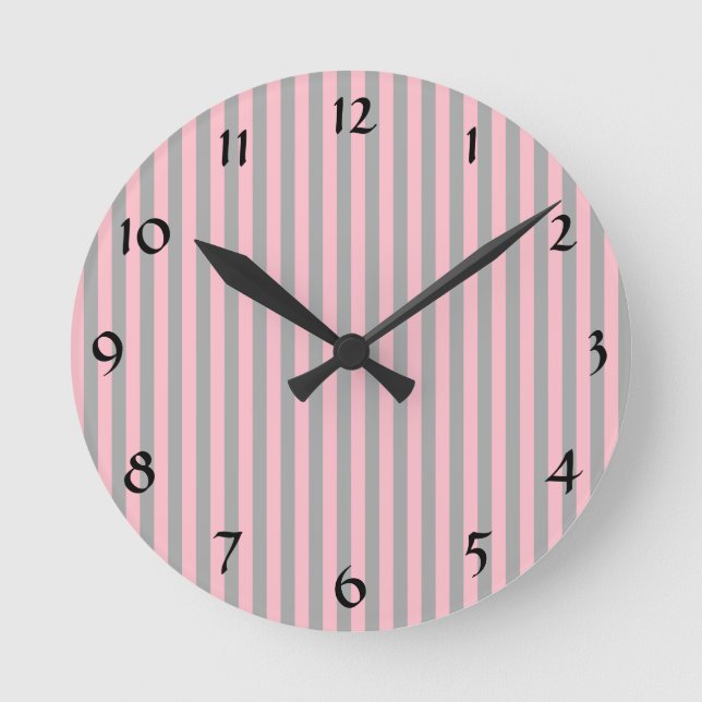 Pink and Grey Stripes Pattern Round Clock (Front)