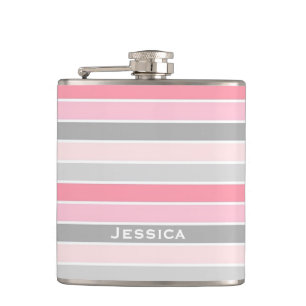 Pink and Grey Stripes Personalised Hip Flask