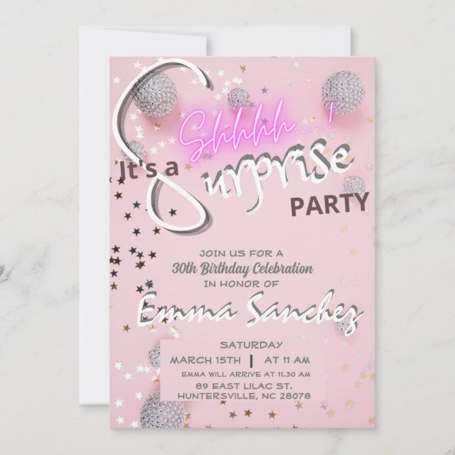 Pink and grey surprise invitation with QR rsvp (Front)