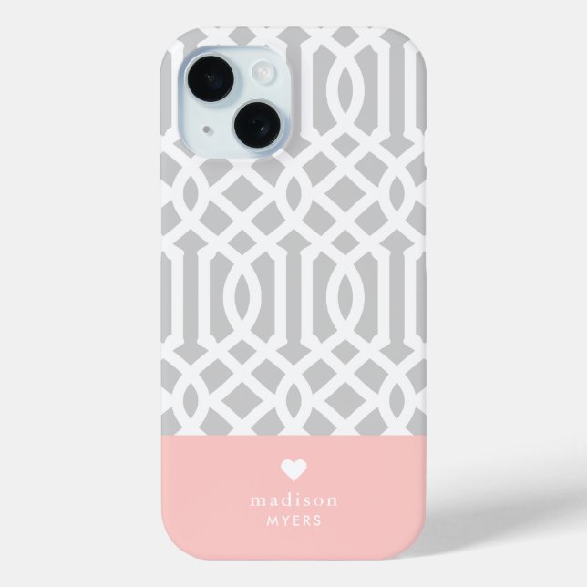 Pink and Grey Trellis Heart Monogram Case-Mate iPhone Case (Back)