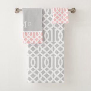 Pink and Grey Trellis Monogram Editable Colours Bath Towel Set