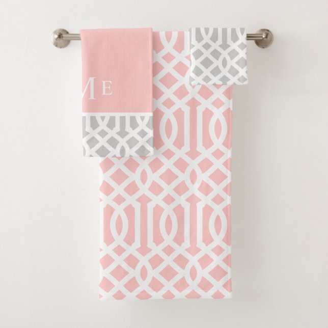 Pink and Grey Trellis Monogram | Editable Colours Bath Towel Set (Insitu)