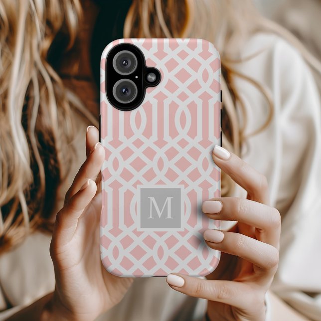 Pink and Grey Trellis Monogram | Editable Colours Case-Mate iPhone Case (Creator Uploaded)