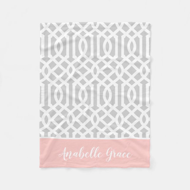 Pink and Grey Trellis Monogram | Editable Colours Fleece Blanket (Front)