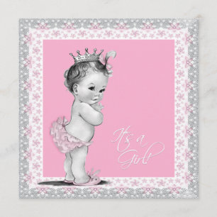 Pink and Grey Vintage Baby Girl Shower Invitation