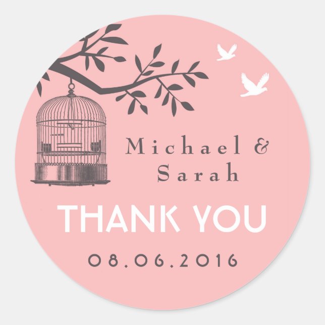 Pink and Grey Vintage Bird Cage Wedding Sticker (Front)