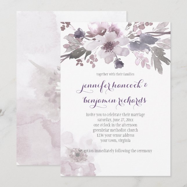 Pink and Grey Watercolor Blossoms Wedding Invites (Front/Back)