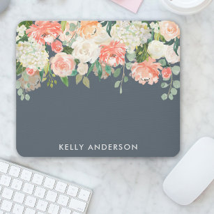 Pink and Grey Watercolor Floral with Your Name Mouse Pad