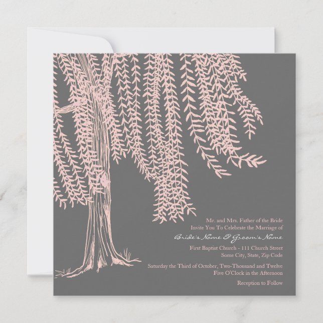 Pink and Grey Willow Tree Wedding Invitation (Front)