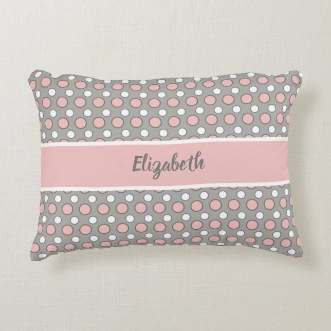 Pink and grey with polka dots and name accent pillow (Front)