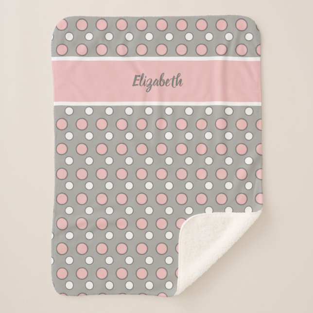 Pink and grey with polka dots and name sherpa blanket (Front)