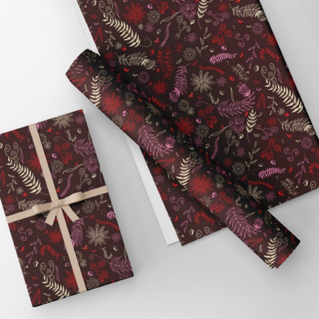 Pink and ivory floral doodles in maroon. wrapping paper sheet (Creator Uploaded)