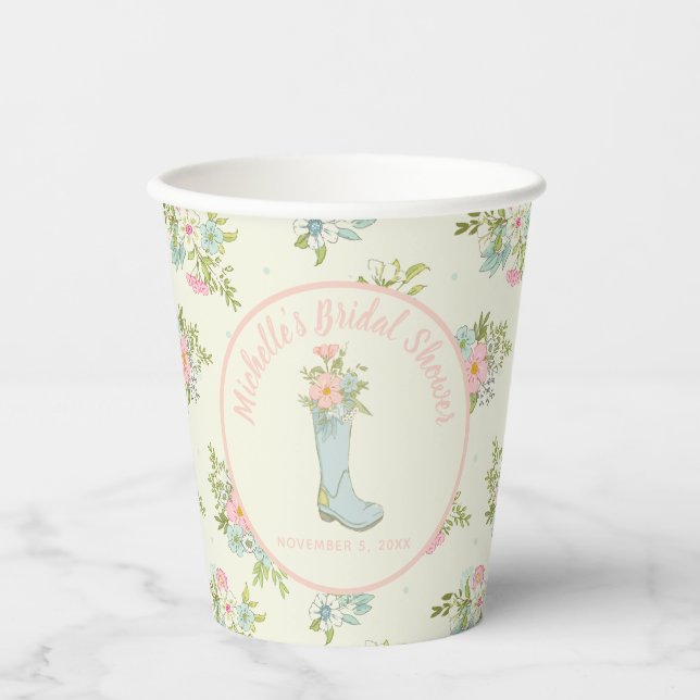 Pink and Ivory Rain Boot Bridal Shower Paper Cups (Front)