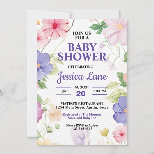 Pink and Lavender Wildflowers Pastel Baby Shower  Invitation (Front)