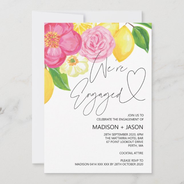 Pink and Lemon Flowers We're Engaged Engagement Invitation (Front)