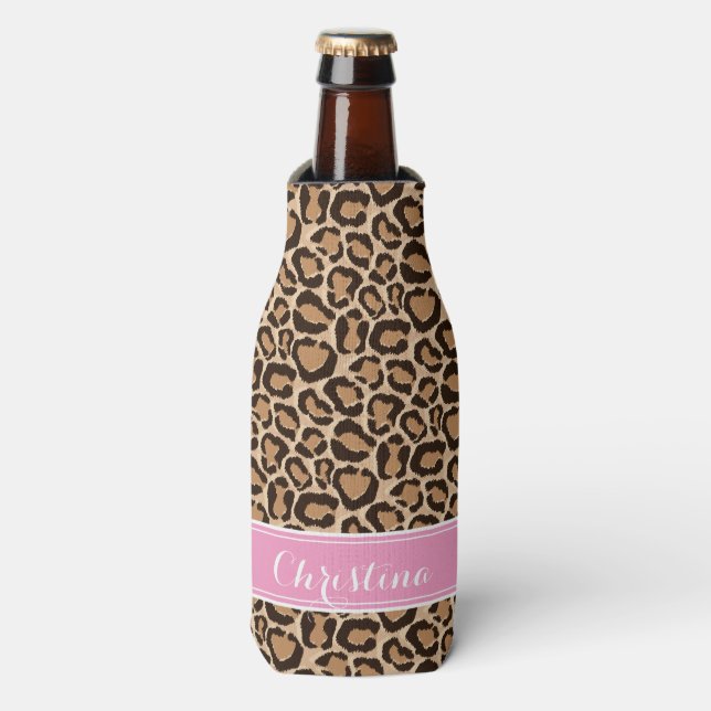 Pink and Leopard Print Custom Monogram Bottle Cooler (Bottle Front)