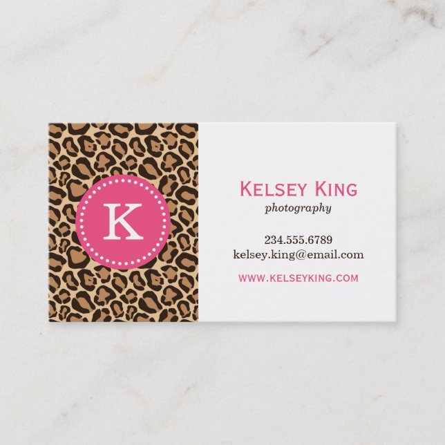 Pink and Leopard Print Custom Monogram Business Card (Front)