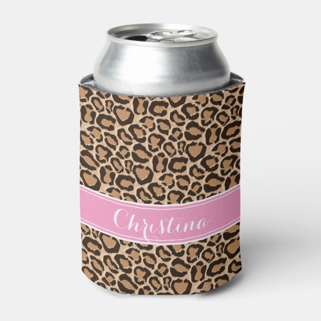 Pink and Leopard Print Custom Monogram Can Cooler (Can Front)