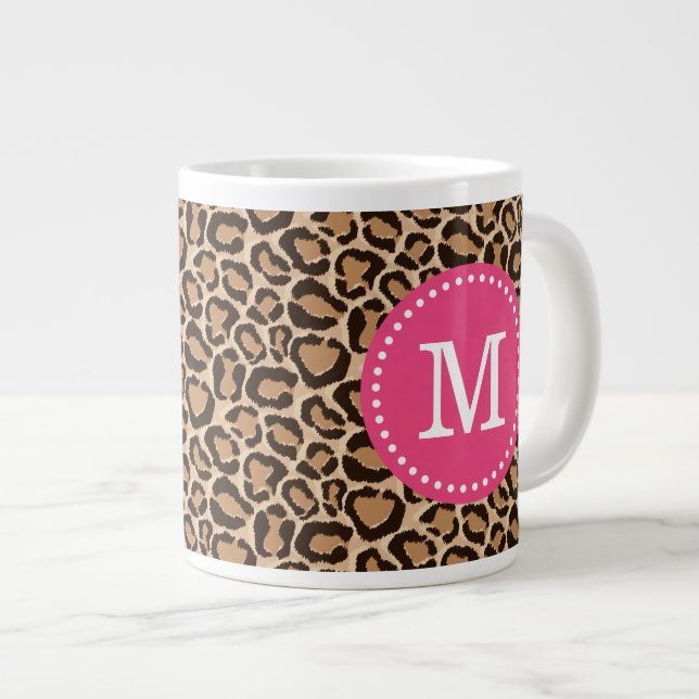 Pink and Leopard Print Custom Monogram Large Coffee Mug (Front Right)