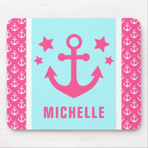 Pink and Light Blue Anchors Nautical Pattern Mouse Pad