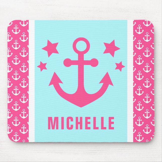Pink and Light Blue Anchors Nautical Pattern Mouse Pad (Front)