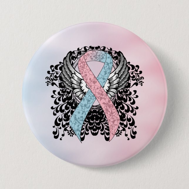 Pink and Light Blue Awareness Ribbon with Wings 3 Inch Round Button (Front)