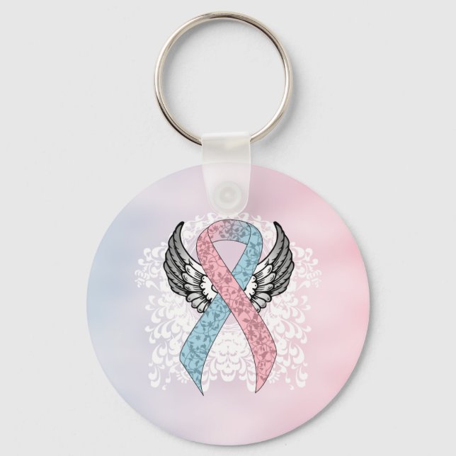 Pink and Light Blue Awareness Ribbon with Wings Keychain (Front)