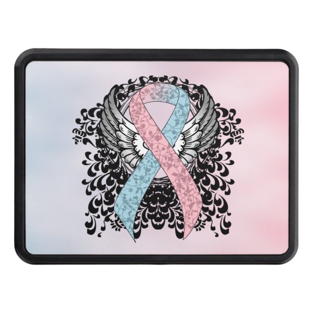 Pink and Light Blue Awareness Ribbon with Wings Trailer Hitch Cover (Front)