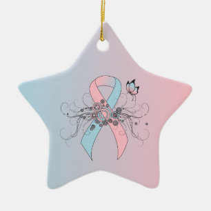 Pink and Light Blue Ribbon with Butterfly Ceramic Ornament
