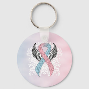 Pink and Light Blue Ribbon with Wings Keychain