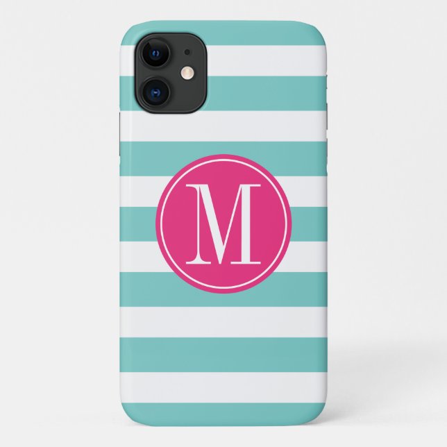 Pink and Light Blue Stripes Custom Monogram Case-Mate iPhone Case (Back)
