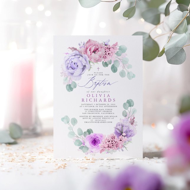 Pink and Light Purple Flowers Eucalyptus Baptism Invitation (Purple and Pink Floral Baptism Invitations)