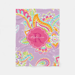 Pink and Lilac Boho Paisley Monogrammed Fleece Blanket