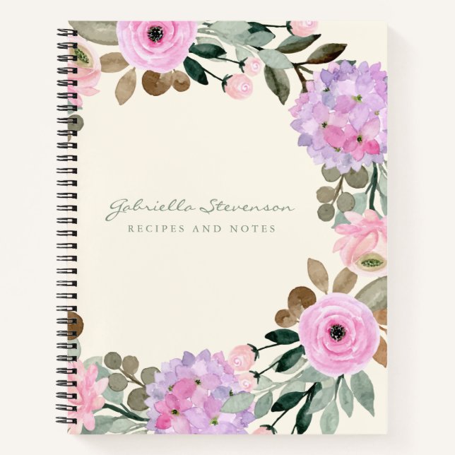 Pink and Lilac Floral Wreath Personalized Recipe Notebook (Front)