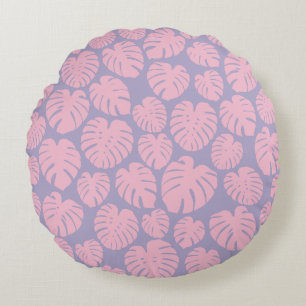 Pink and Lilac Monstera Leaves Round Pillow