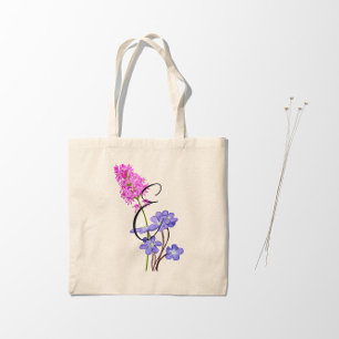 Pink and lilac wildflowers with initial 1 side tote bag