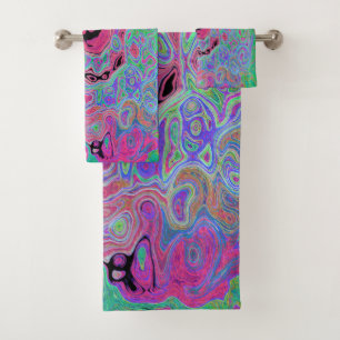 Pink and Lime Green Groovy Abstract Retro Swirl Bath Towel Set