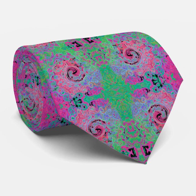 Pink and Lime Green Groovy Abstract Retro Swirl Tie (Rolled)