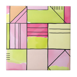 Pink and Lime-Green Patchwork Abstract Tile