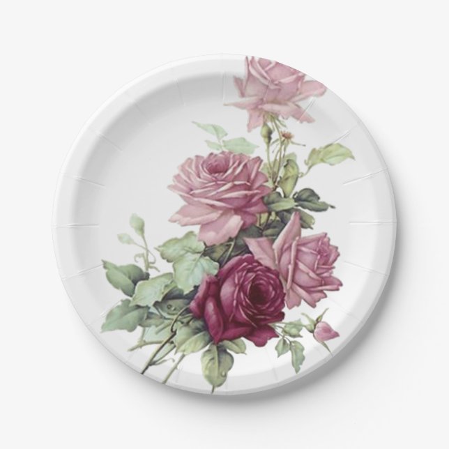 Pink And Maroon Floral Paper Plate (Front)