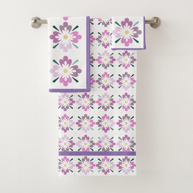 Pink and mauve floral pattern bath towel set (Insitu)