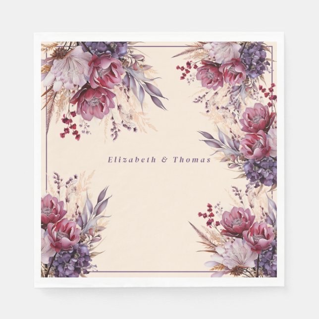 Pink And Mauve Watercolor Flowers Napkin (Front)