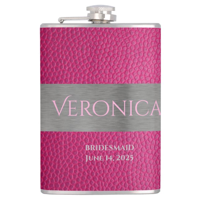 Pink and Metal Print Monogrammed Flask (Front)