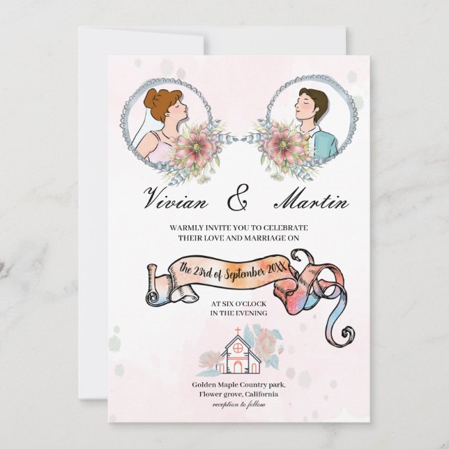 Pink and milky way Mini Floral QR code wedding Invitation (Front)