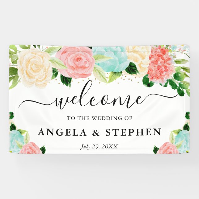 Pink and Mint Boho Flowers Wedding Welcome Banner (Horizontal)