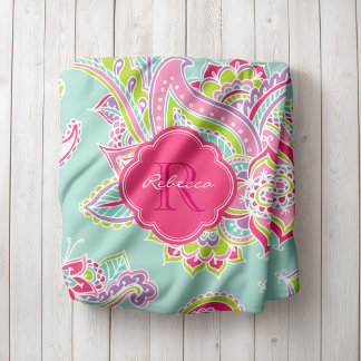 Pink and Mint Boho Paisley Monogrammed Fleece Blanket
